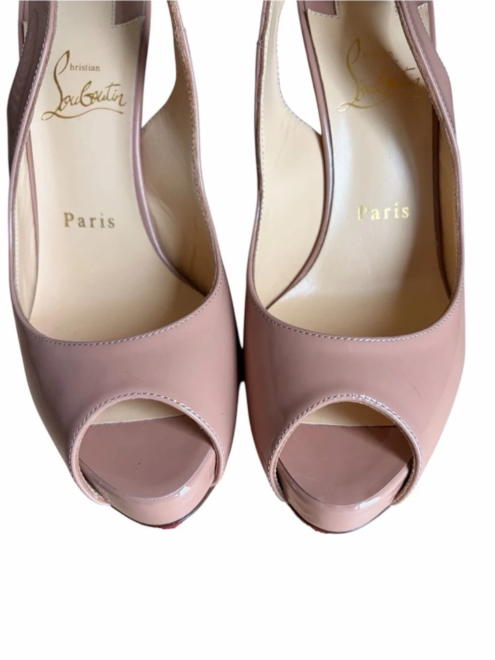 Christian Louboutin Hot chick sling Alta Nude Patent Peep-Toe Slingback Heels